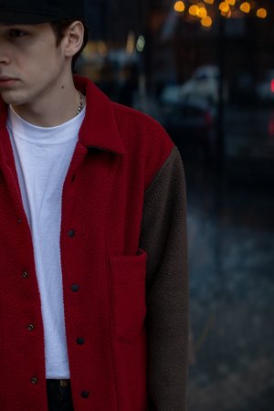 FOUR HORSEMEN Asymmetric Fleece Overshirt - Red/Moss FOUR HORSEMEN Asymmetric Fleece Overshirt - Red/Moss