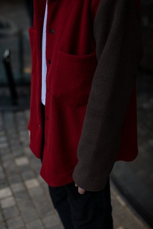 FOUR HORSEMEN Asymmetric Fleece Overshirt - Red/Moss FOUR HORSEMEN Asymmetric Fleece Overshirt - Red/Moss