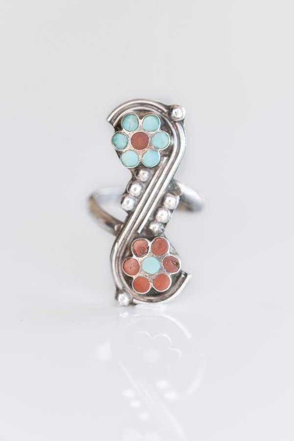 TURQUOISE + CORAL ZUNI INLAY DAISY RING TURQUOISE + CORAL ZUNI INLAY DAISY RING