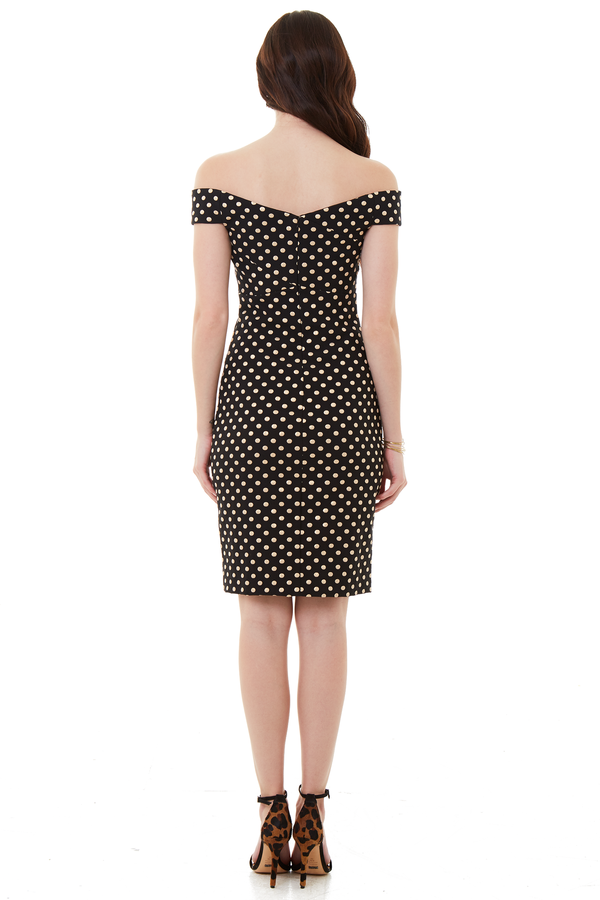 Nicole Miller Off the Shoulder Dress Black and Gold Polka Dot | Garmentory