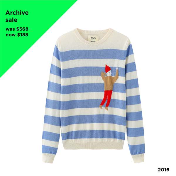 Unisex MATTER MATTERS Crew Neck Intarsia Wool/Cashmere Blend Sweater - White/Light Blue Unisex MATTER MATTERS Crew Neck Intarsia Wool/Cashmere Blend Sweater - White/Light Blue