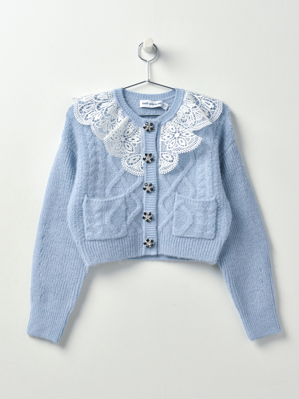 Self Portrait Lace Collar Cardigan - Light Blue Self Portrait Lace Collar Cardigan - Light Blue