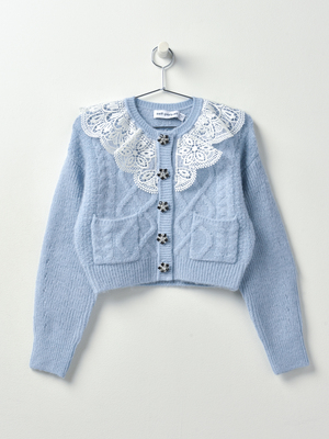 Self Portrait Lace Collar Cardigan - Light Blue Self Portrait Lace Collar Cardigan - Light Blue