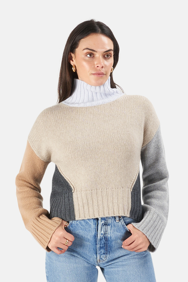 Women's NAADAM Colorblocked Crop Turtleneck Sweater in Oatmeal Combo, Size XS Women's NAADAM Colorblocked Crop Turtleneck Sweater in Oatmeal Combo, Size XS