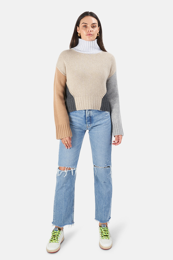 Women's NAADAM Colorblocked Crop Turtleneck Sweater in Oatmeal Combo, Size XS Women's NAADAM Colorblocked Crop Turtleneck Sweater in Oatmeal Combo, Size XS