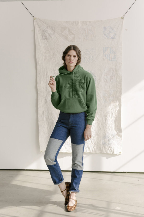 UNISEX Carleen Quilt Patch Hoodie - Green Overdye UNISEX Carleen Quilt Patch Hoodie - Green Overdye