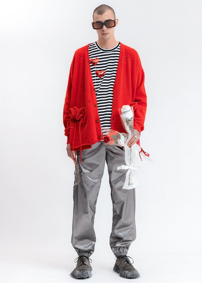 トップス doublet FLOWER CORSAGE CARDIGAN 21SS Red Flower Corsage Cardigan | Garmentory