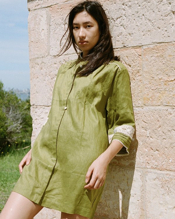 open lace back dress Olive Green Linen Blend Tunic Dress main image 0