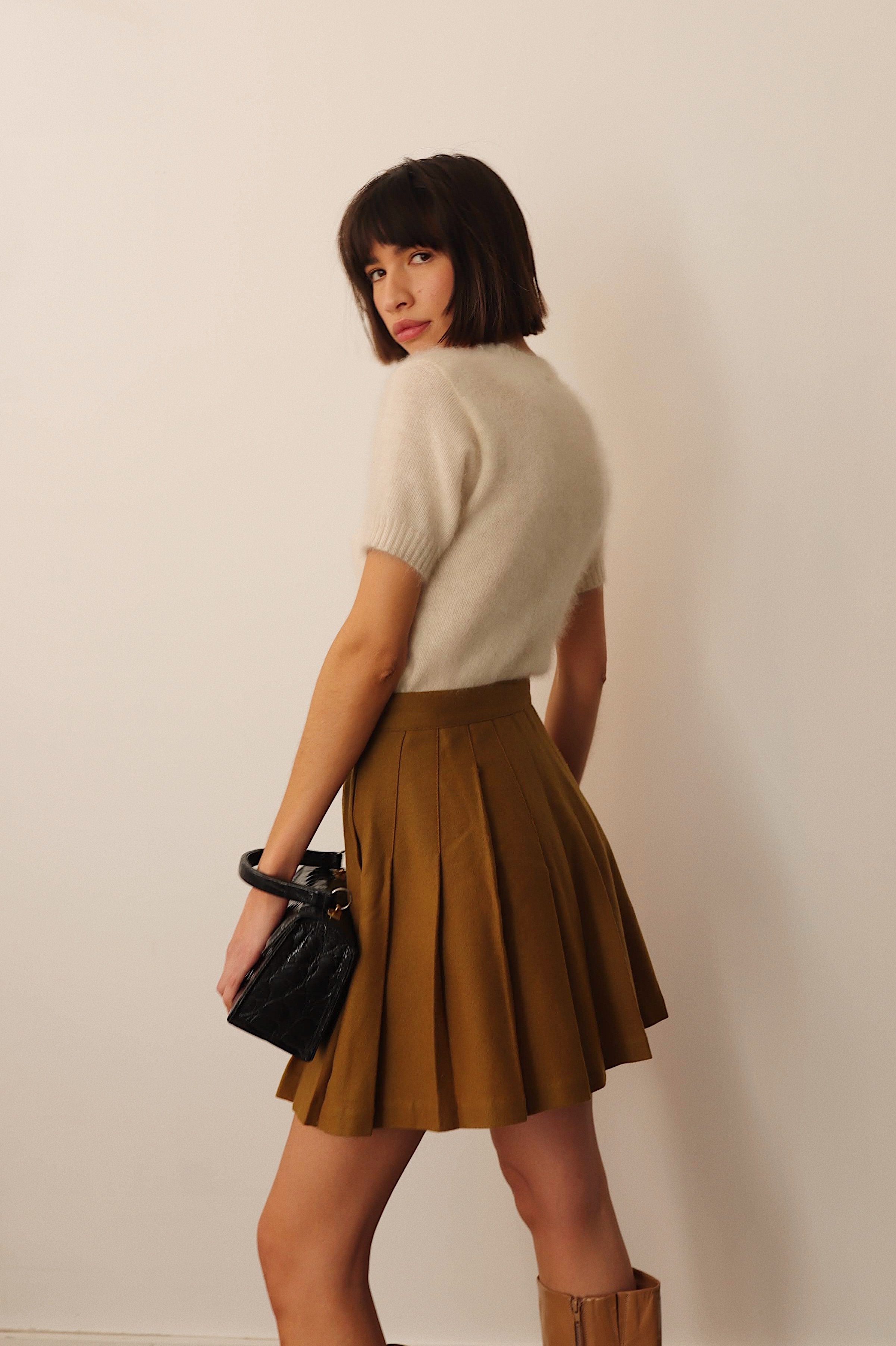 pleated green wool skirt