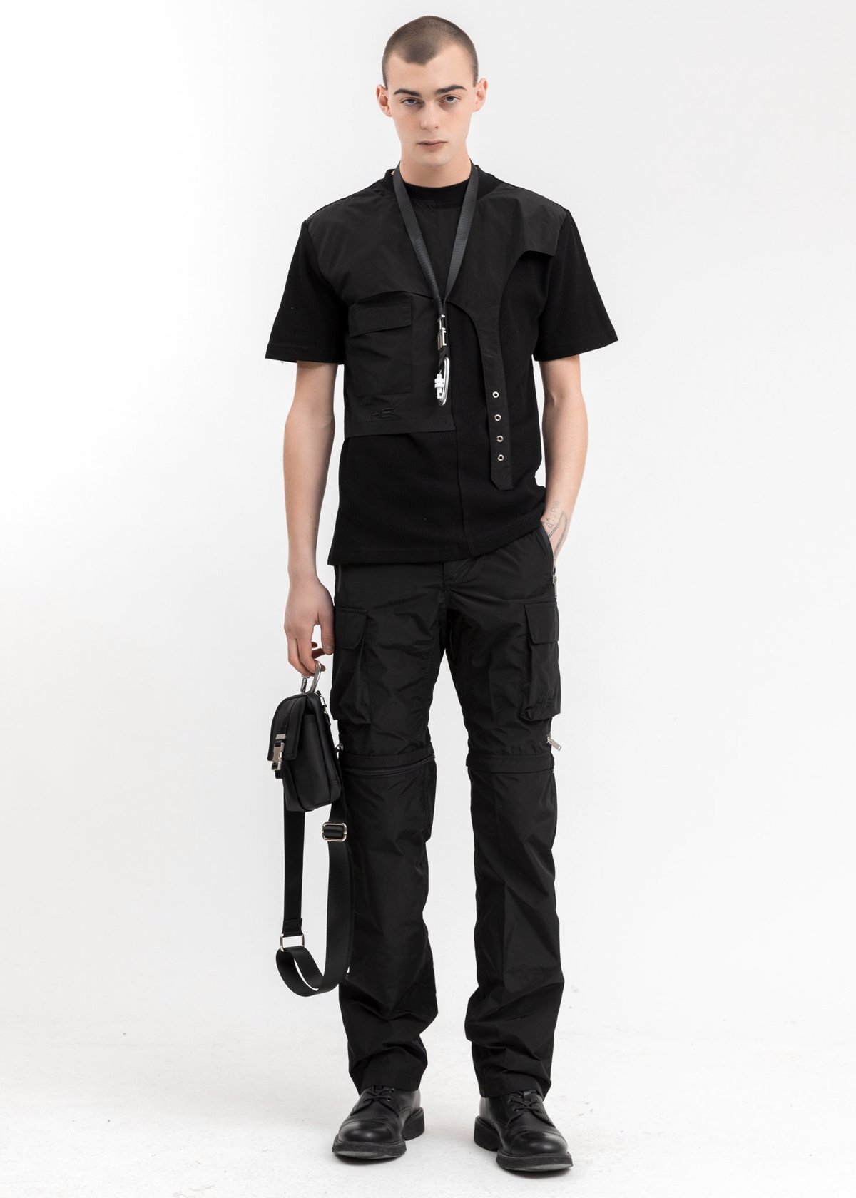 Heliot Emil Layered Tee Shirt with Strap - Black | Garmentory