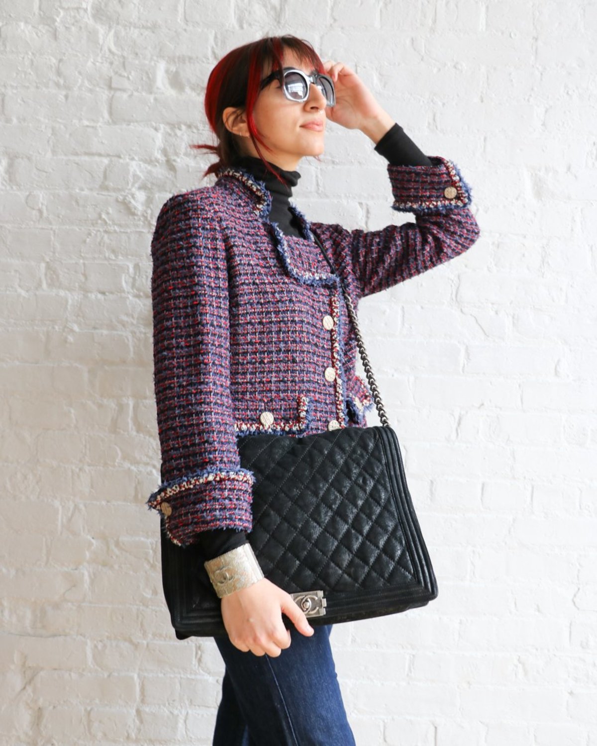 [pre-loved] Chanel Tweed Short Jacket - Red/Navy - Image 2 of 5