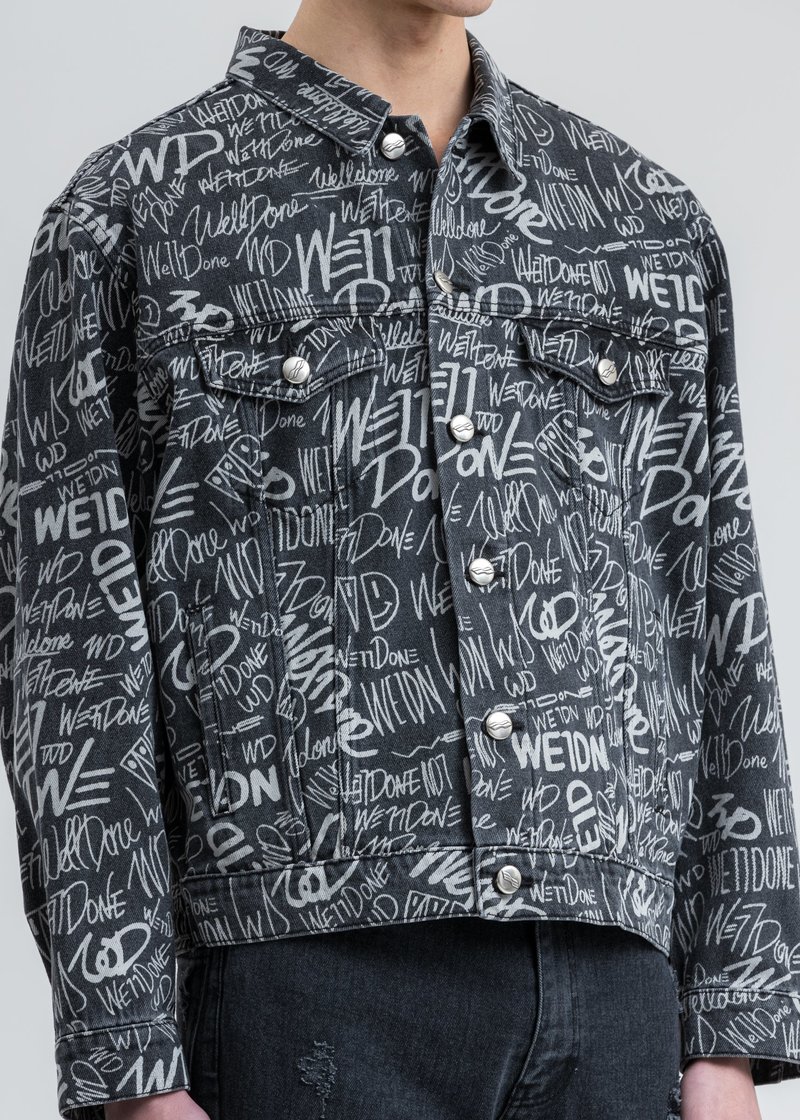 we11done WD Graffiti Allover Print Denim Jacket - Black | Garmentory 