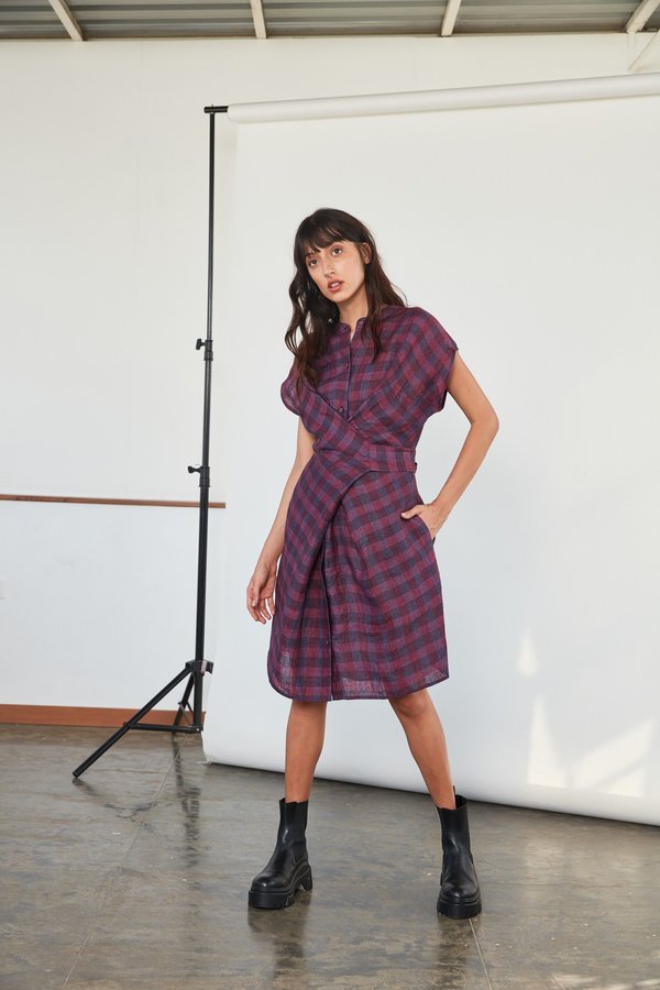 RUJUTA SHETH Aki Wrap Dress - Purple Chex RUJUTA SHETH Aki Wrap Dress - Purple Chex