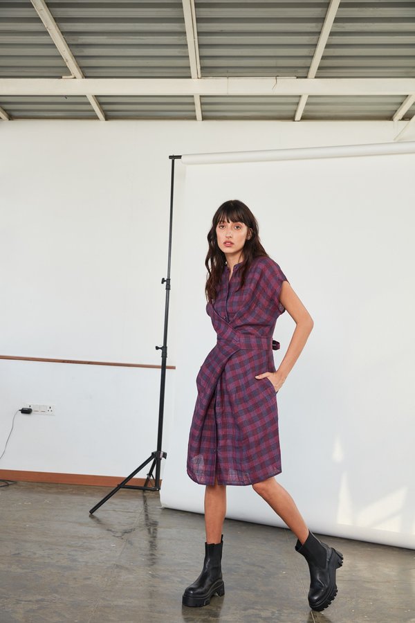 RUJUTA SHETH Aki Wrap Dress - Purple Chex RUJUTA SHETH Aki Wrap Dress - Purple Chex