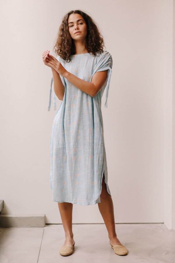 at Dawn. Gathered Shoulder Dress - Blue Dalmation at Dawn. Gathered Shoulder Dress - Blue Dalmation