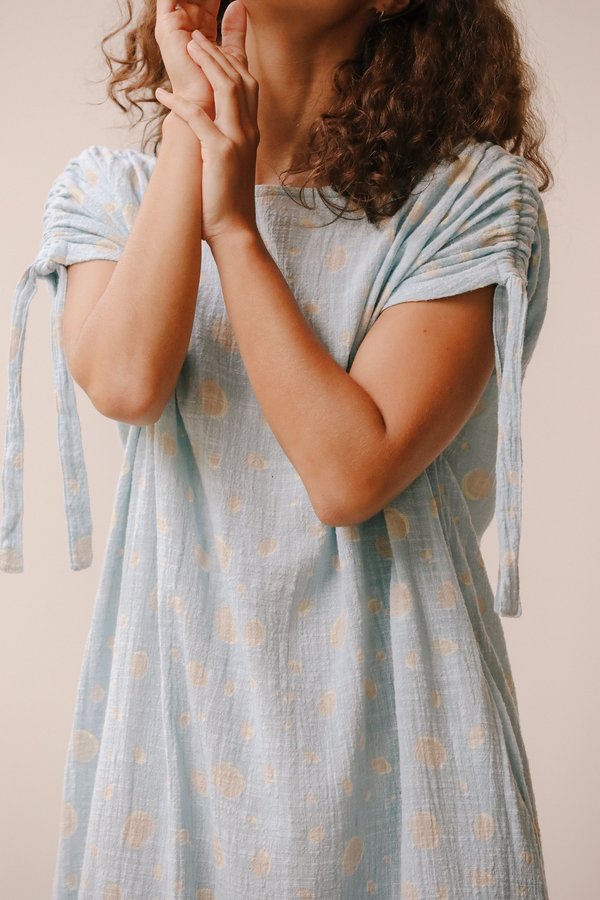 at Dawn. Gathered Shoulder Dress - Blue Dalmation at Dawn. Gathered Shoulder Dress - Blue Dalmation