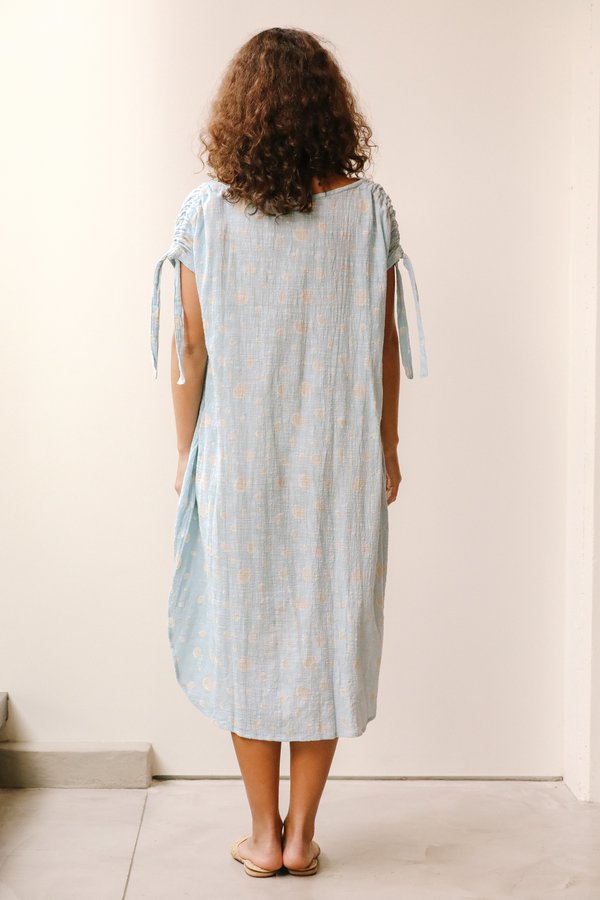 at Dawn. Gathered Shoulder Dress - Blue Dalmation at Dawn. Gathered Shoulder Dress - Blue Dalmation
