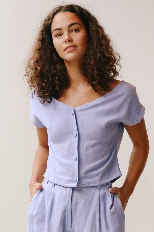 at Dawn. Wide Neck Button Top - Iris at Dawn. Wide Neck Button Top - Iris