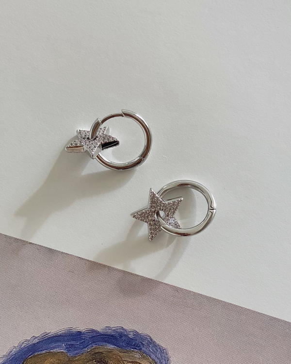 Pave Star Charm Hoops - Silver Pave Star Charm Hoops - Silver
