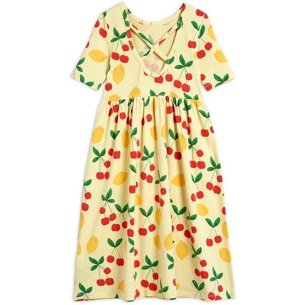 Kids mini rodini cherry lemonade allover short sleeve long dress - yellow Kids mini rodini cherry lemonade allover short sleeve long dress - yellow