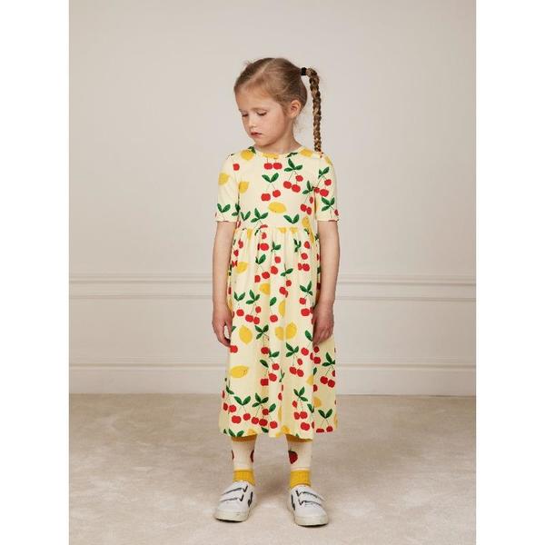 Kids mini rodini cherry lemonade allover short sleeve long dress - yellow Kids mini rodini cherry lemonade allover short sleeve long dress - yellow