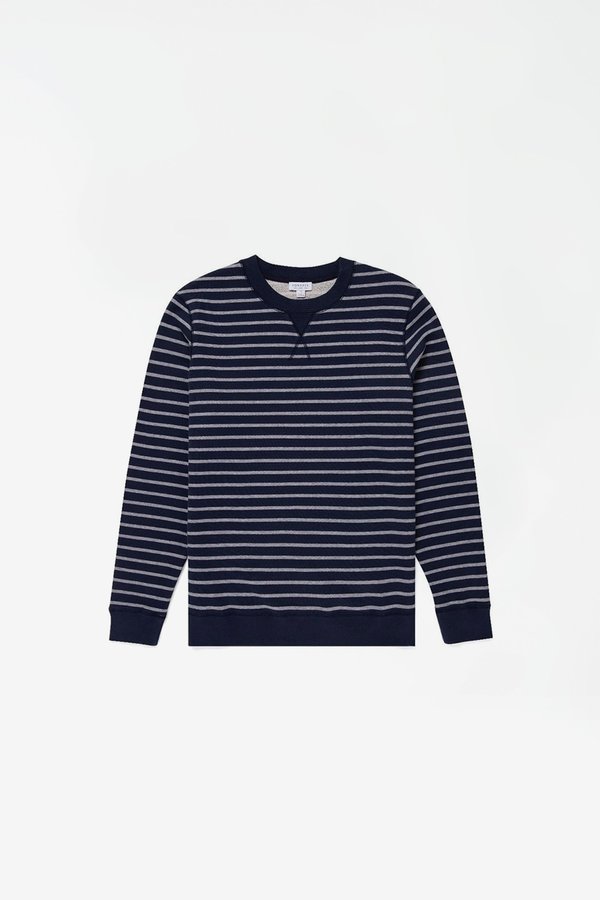 Sunspel Loopback Sweatshirt - Melange Stripe Navy/Grey Sunspel Loopback Sweatshirt - Melange Stripe Navy/Grey
