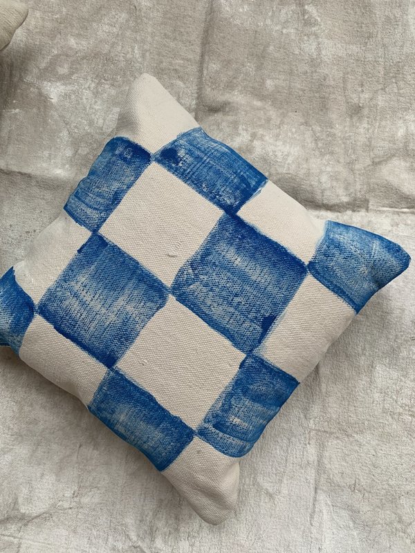 Cuttalossa & Co. Hand Painted Checkered Pillow - blue/cream Cuttalossa & Co. Hand Painted Checkered Pillow - blue/cream