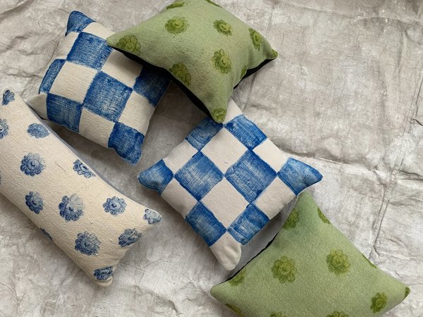 Cuttalossa & Co. Hand Painted Flower Lumbar Pillow - blue/cream Cuttalossa & Co. Hand Painted Flower Lumbar Pillow - blue/cream