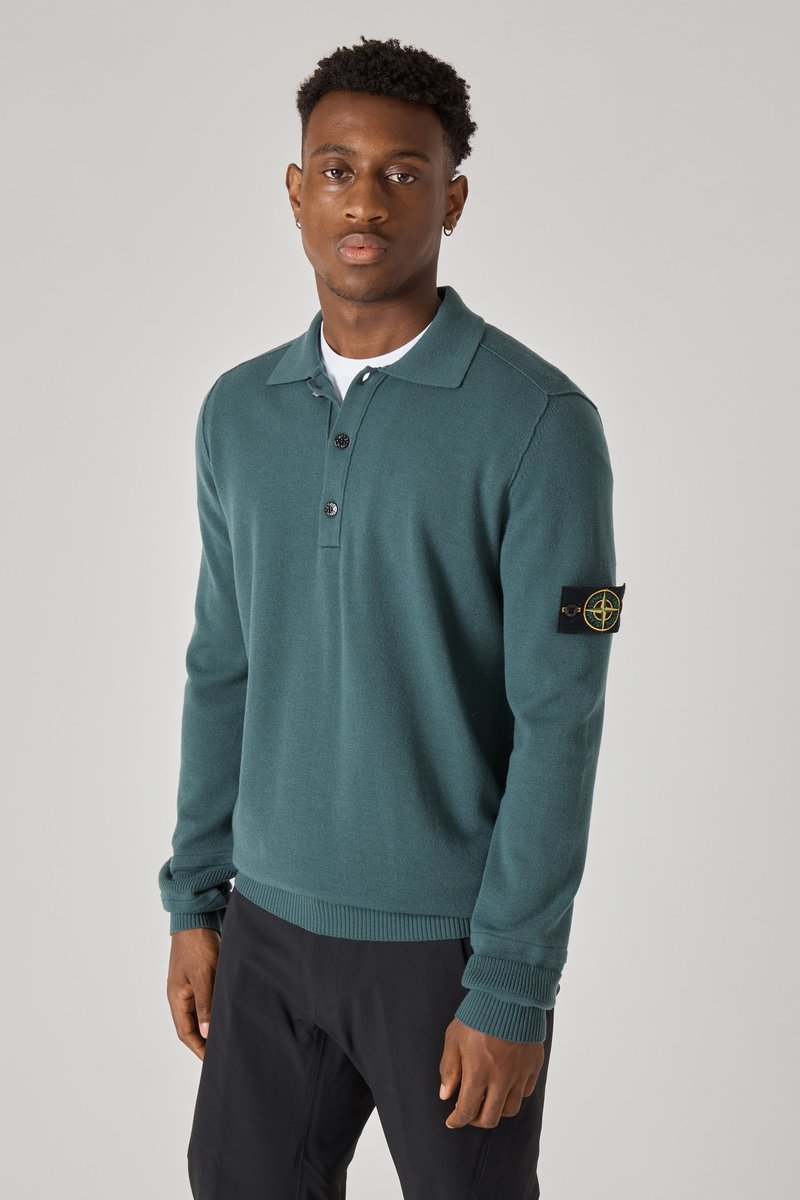 Stone Island Stretch Wool Knit Polo - Petrol | Garmentory