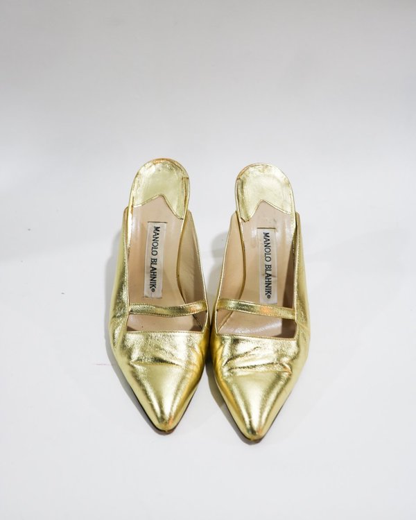 Manolo Blahnik Metallic Cutout Mules, Size 37 Manolo Blahnik Metallic Cutout Mules, Size 37