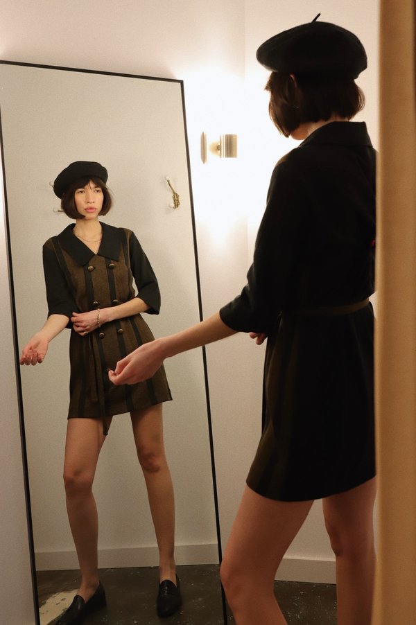 Vintage 60s Striped Collar Mini Dress - Gray/Brown Vintage 60s Striped Collar Mini Dress - Gray/Brown