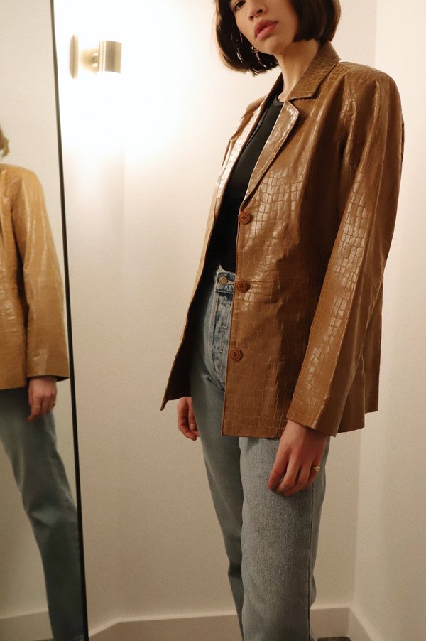 Vintage Embossed Croc Leather Blazer - Brown Vintage Embossed Croc Leather Blazer - Brown