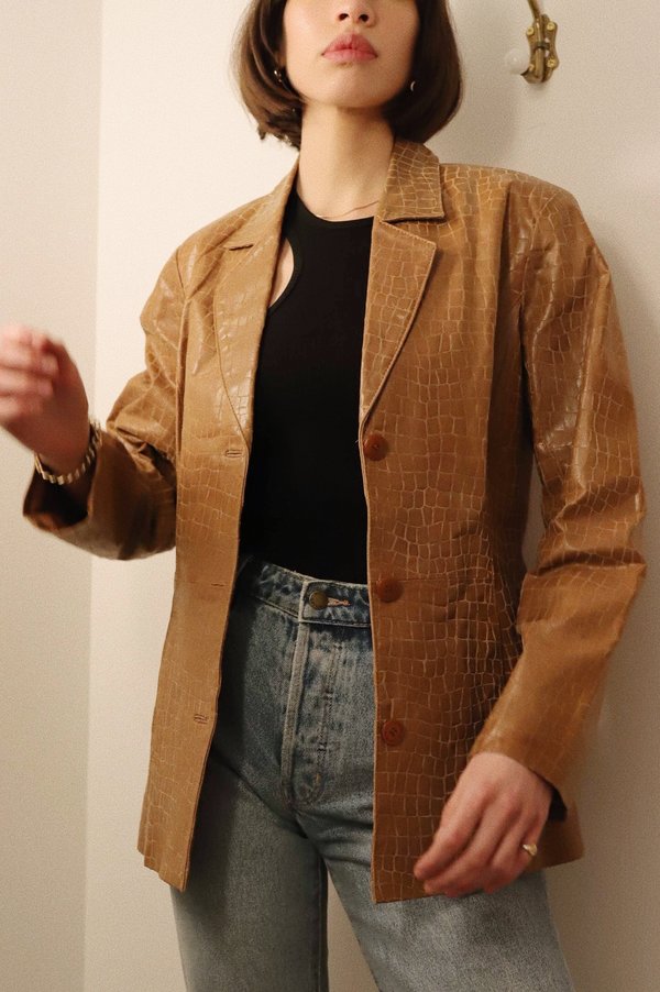 Vintage Embossed Croc Leather Blazer - Brown Vintage Embossed Croc Leather Blazer - Brown
