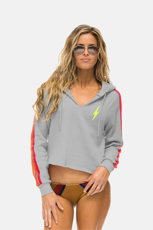 Aviator Nation 4 Stripe Bolt Split Neck Crop Hoodie Sweater - Light Grey Aviator Nation 4 Stripe Bolt Split Neck Crop Hoodie Sweater - Light Grey