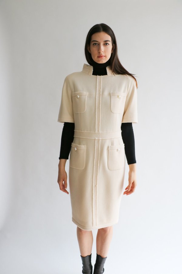 beige faux leather dress Beige Beaded Trim Boucle Midi Dress with 3/4 Sleeves