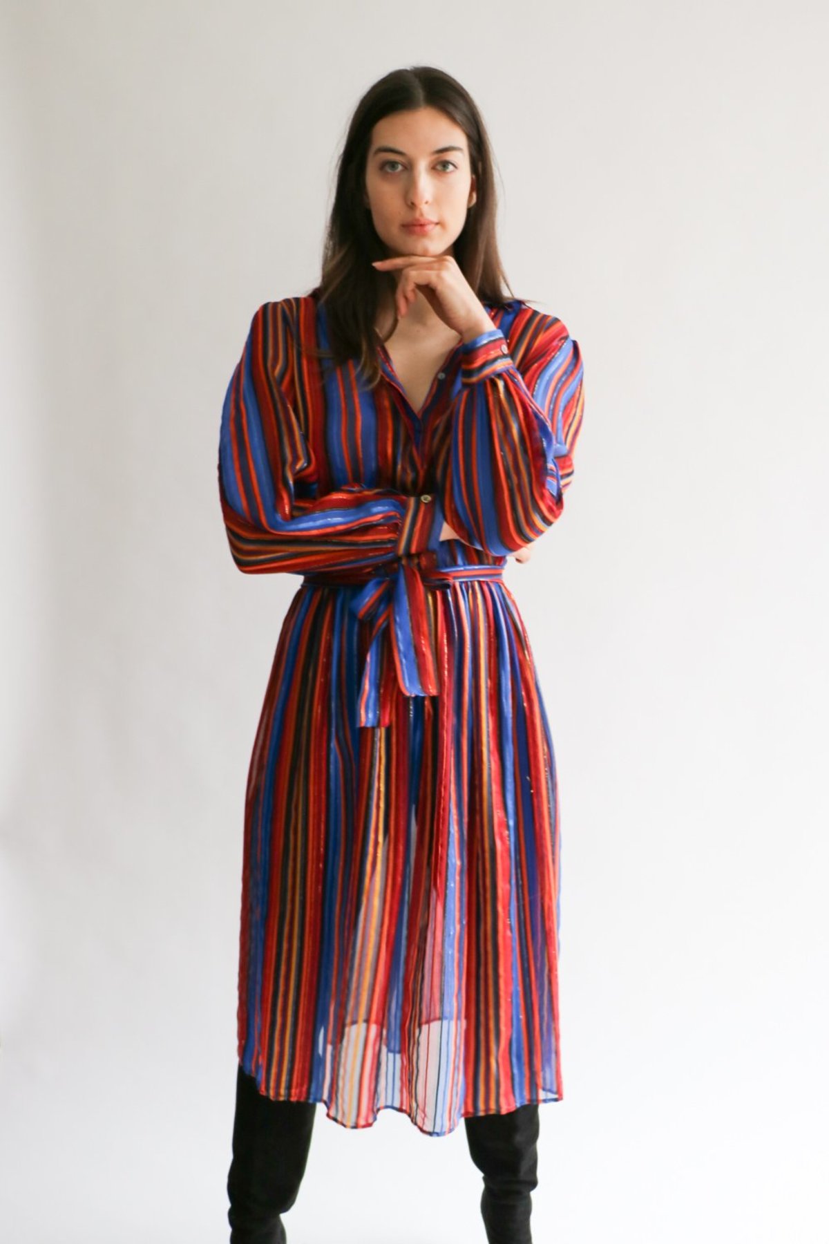 jack mulqueen silk dress 1980's Floral Silk Jack Mulqueen Dress with Long Sleeves and Peplum DESERT MOSS VINTAGE