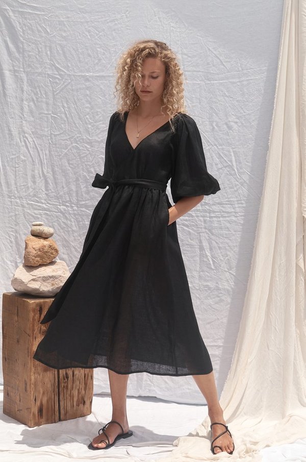 All That Remains Lia Linen Wrap Dress Noir All That Remains Lia Linen Wrap Dress Noir