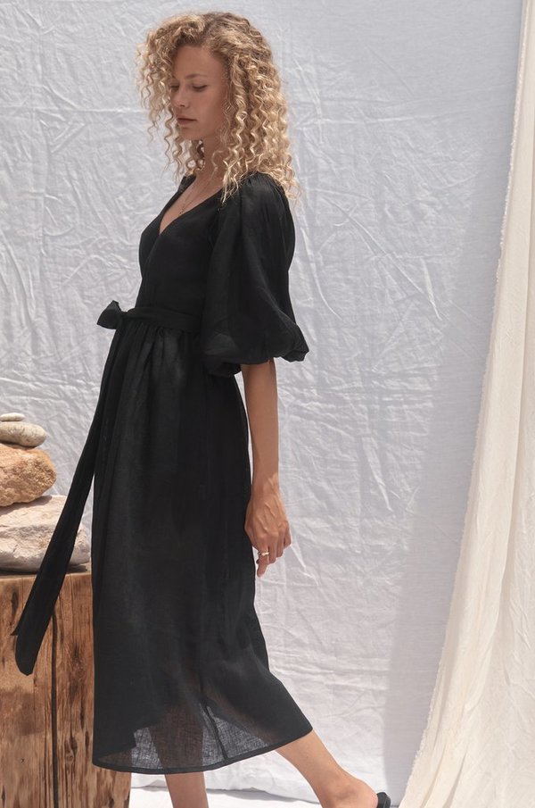 All That Remains Lia Linen Wrap Dress Noir All That Remains Lia Linen Wrap Dress Noir