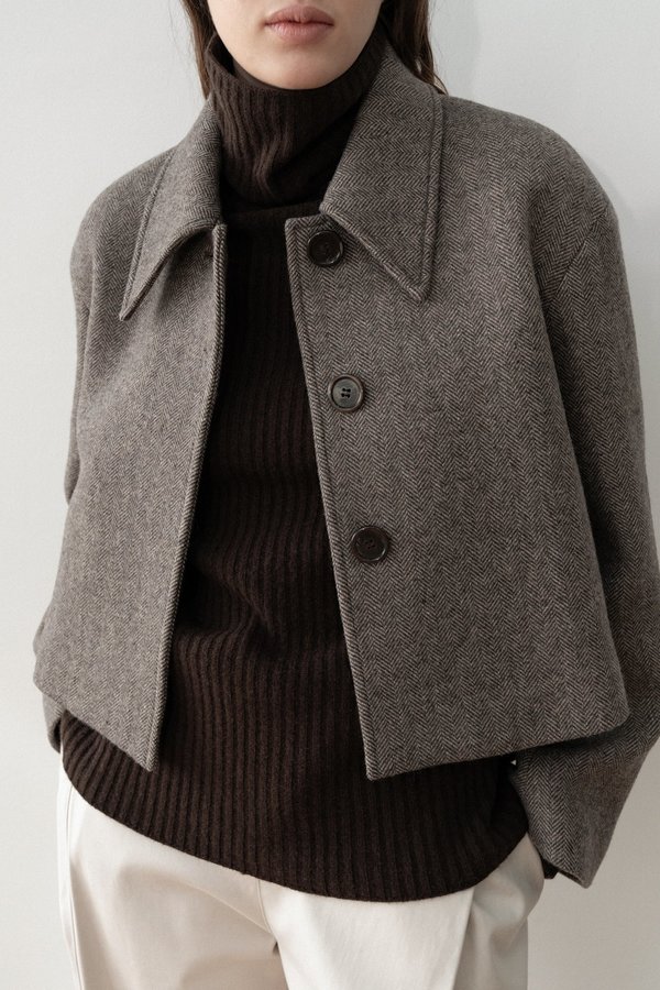 Amomento Wide Crop Coat - Brown Herringbone Amomento Wide Crop Coat - Brown Herringbone