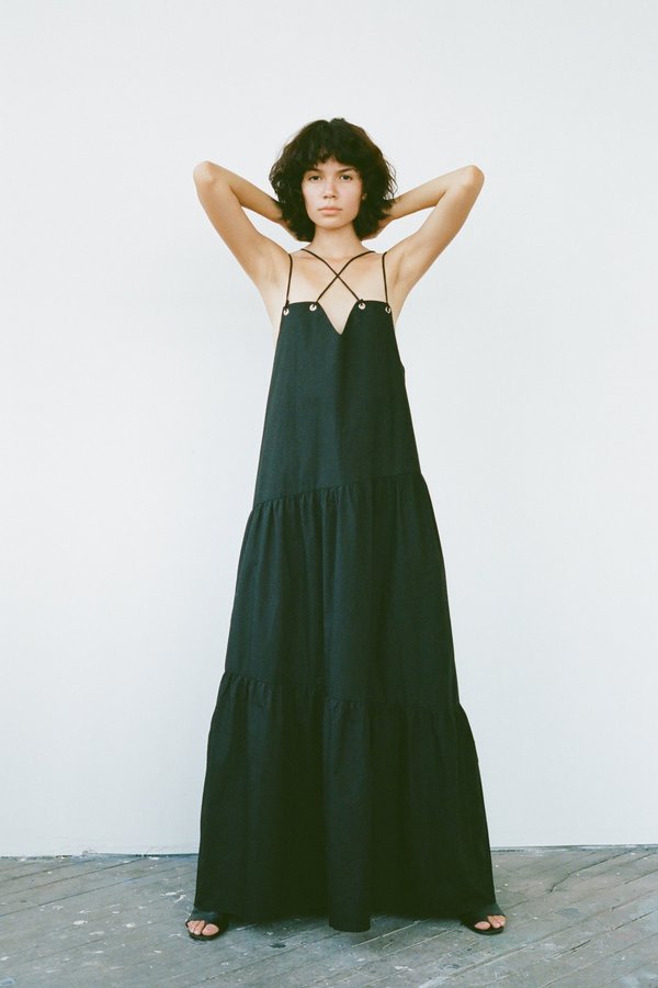 knee length dresses for ladies Black Off The Shoulder Criss Cross Front Maxi Dress – Aquarius Brand main image 0