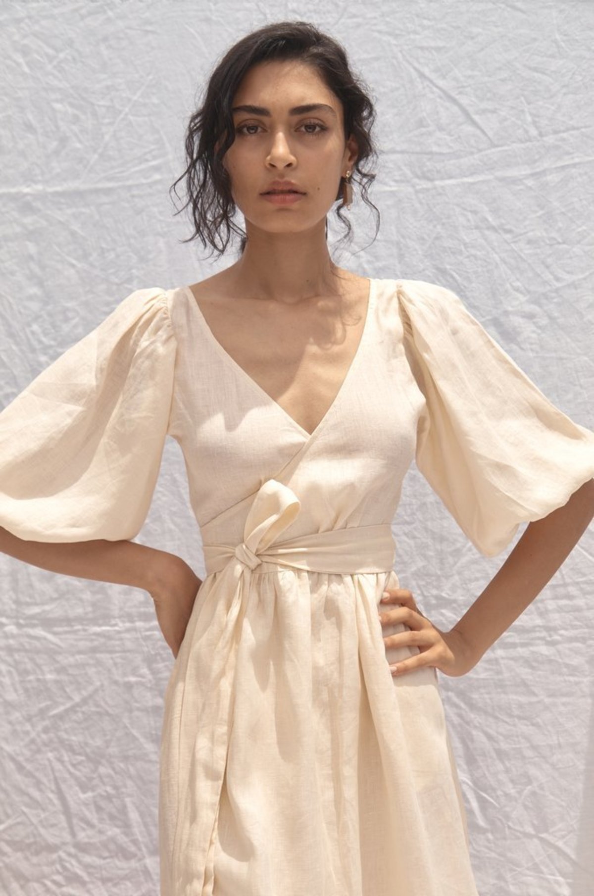 chinese dress ladies Wrap Linen Dress with Bell Sleeves and Pockets, Summer Maxi Dress, Cream Linen Dress, Linen Wrap Dress, Boho Wedding Dress, Romantic Dress, L / main image 0
