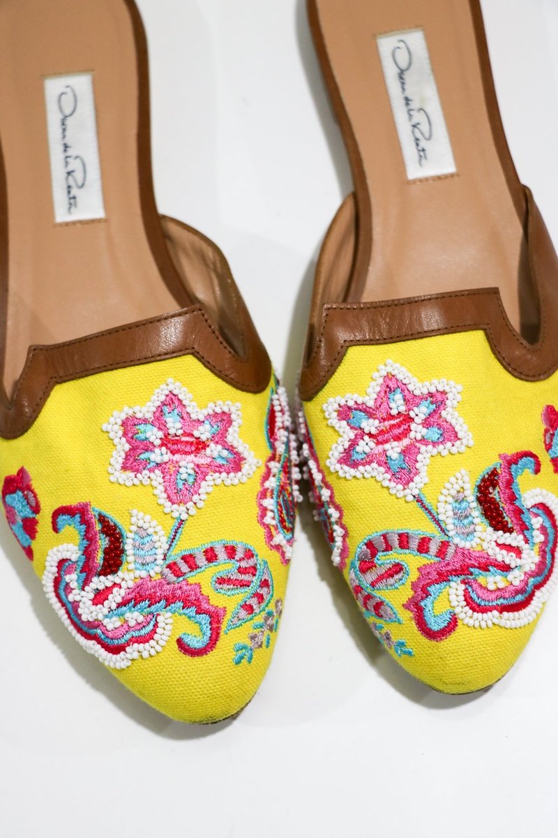 [pre-loved] Oscar de la Renta Flat Beaded Mules - Yellow