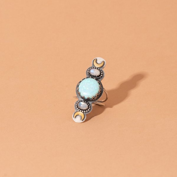 Blue Monarch Opal Ring + Rainbow Moonstone Ring w/ Brass Moons Blue Monarch Opal Ring + Rainbow Moonstone Ring w/ Brass Moons