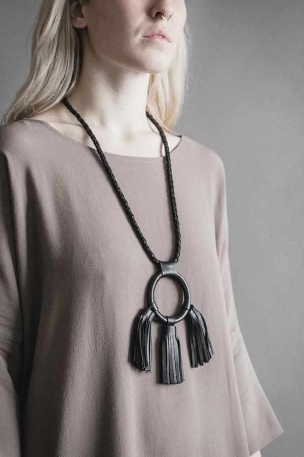 Braided Leather Circle and Tassels Necklace Braided Leather Circle and Tassels Necklace