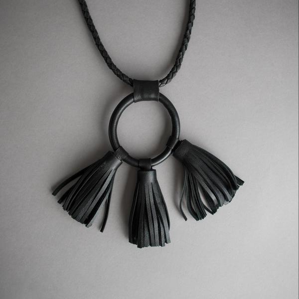 Braided Leather Circle and Tassels Necklace Braided Leather Circle and Tassels Necklace