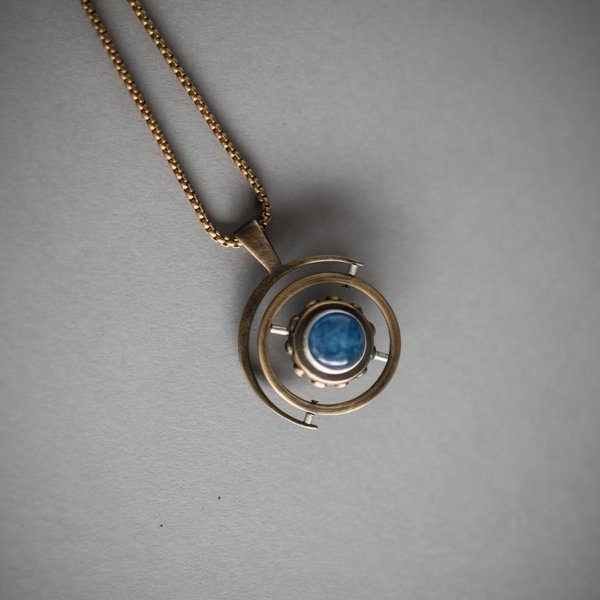 Large Brass Gyroscope Necklace - Studded Brass and Kyanite Large Brass Gyroscope Necklace - Studded Brass and Kyanite