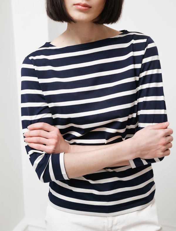 Sunspel 3/4 Sleeve Striped Boatneck T-Shirt - Navy/Ecru Sunspel 3/4 Sleeve Striped Boatneck T-Shirt - Navy/Ecru