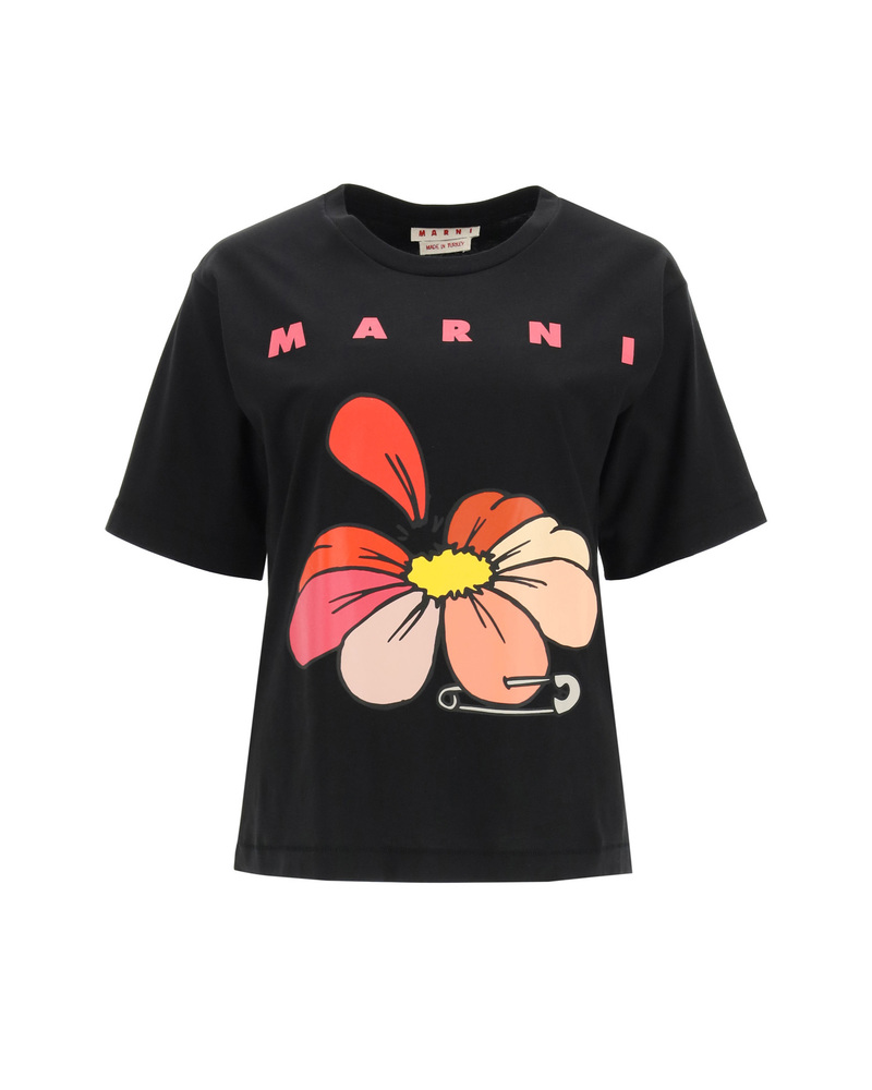 Tシャツ・カットソー MARNI SS25 TSHIRT LOGO FLOWER (HUMU0223IPUSCX50 FLW01) Black T-shirt with Pop Fields Marni logo | Marni