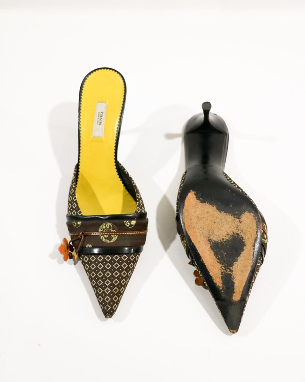 [pre-loved] Prada Embroidered Mules - Brown
