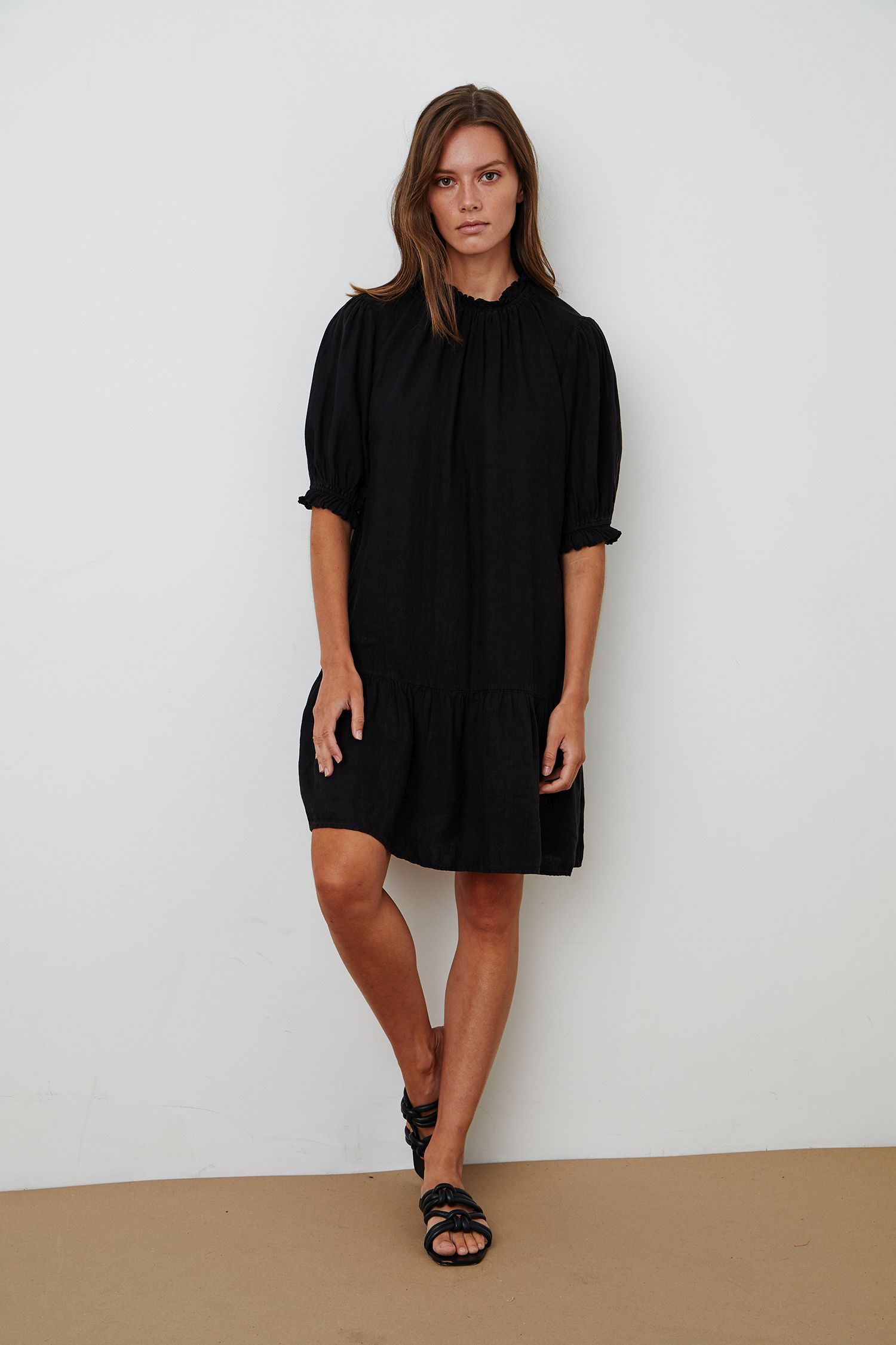 Velvet Linen Puff Sleeve Dress - Black | Garmentory